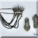 J122. Rhinestone crown pin and rhinestone earrings. - $32 for the lot 